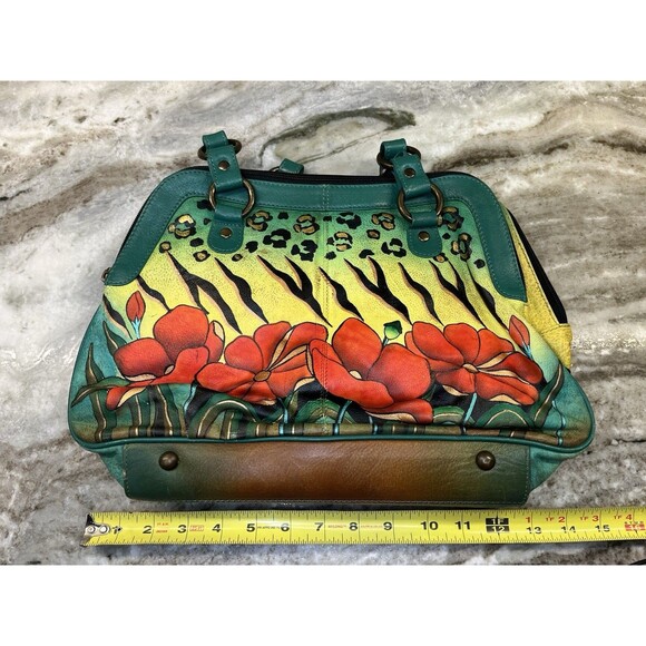 Anuschka Hand Painted Art Leather Tiger Leopard Hibiscus Satchel Purse W/Coin - Picture 2 of 16